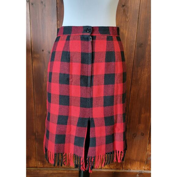 Vintage Savion Women 6P Buffalo Plaid Fringe Skirt Red Black Checkered Wool Chic - Picture 6 of 10